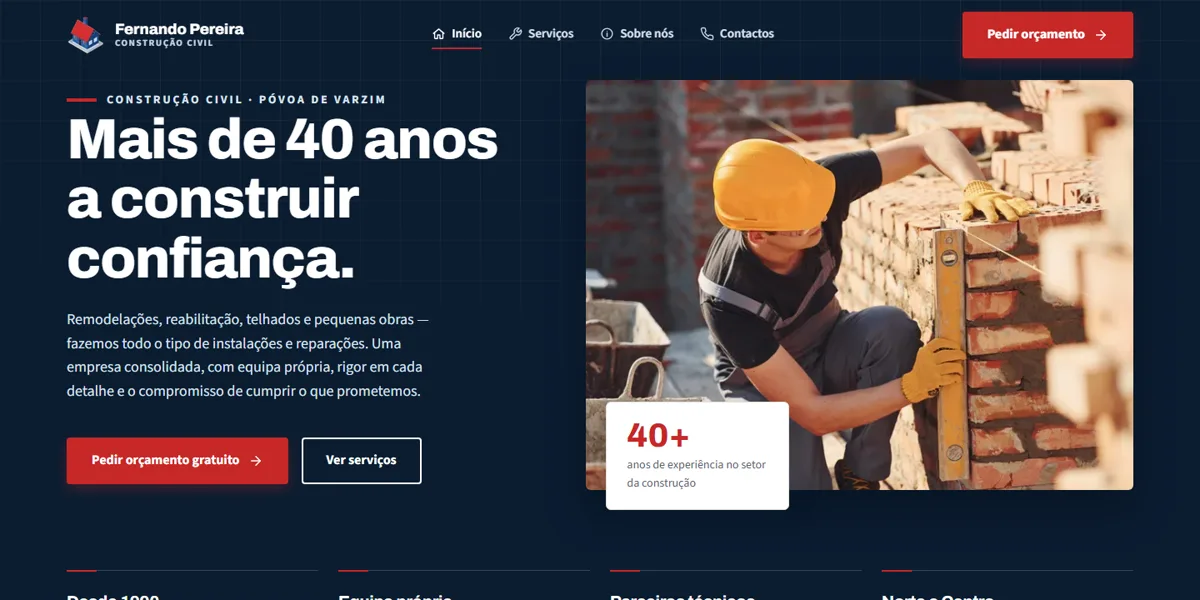 Home page of the Fernando Pereira construction company website, built by Destaca