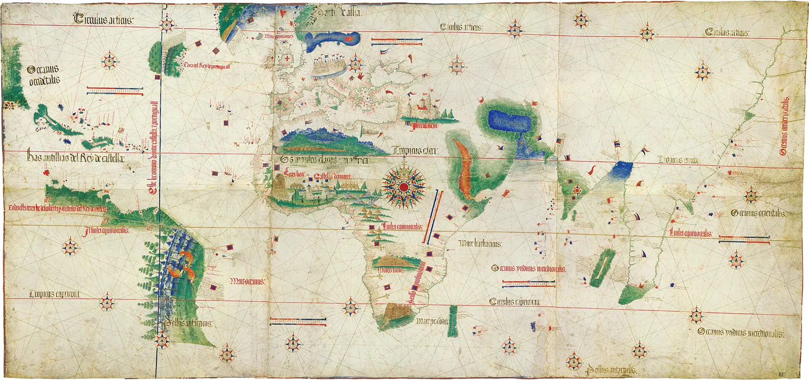 Planisfério de Cantino, mapa-múndi português de 1502, com a costa de África, o Brasil e a Índia